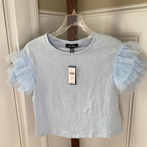 NWT Anthropologie Blue Ruffled Tulle Sleeve Top XSP - Picture 8 of 10